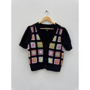 Design 365 Crochet Granny Square Short Sleeve Cardigan Sweater Black L